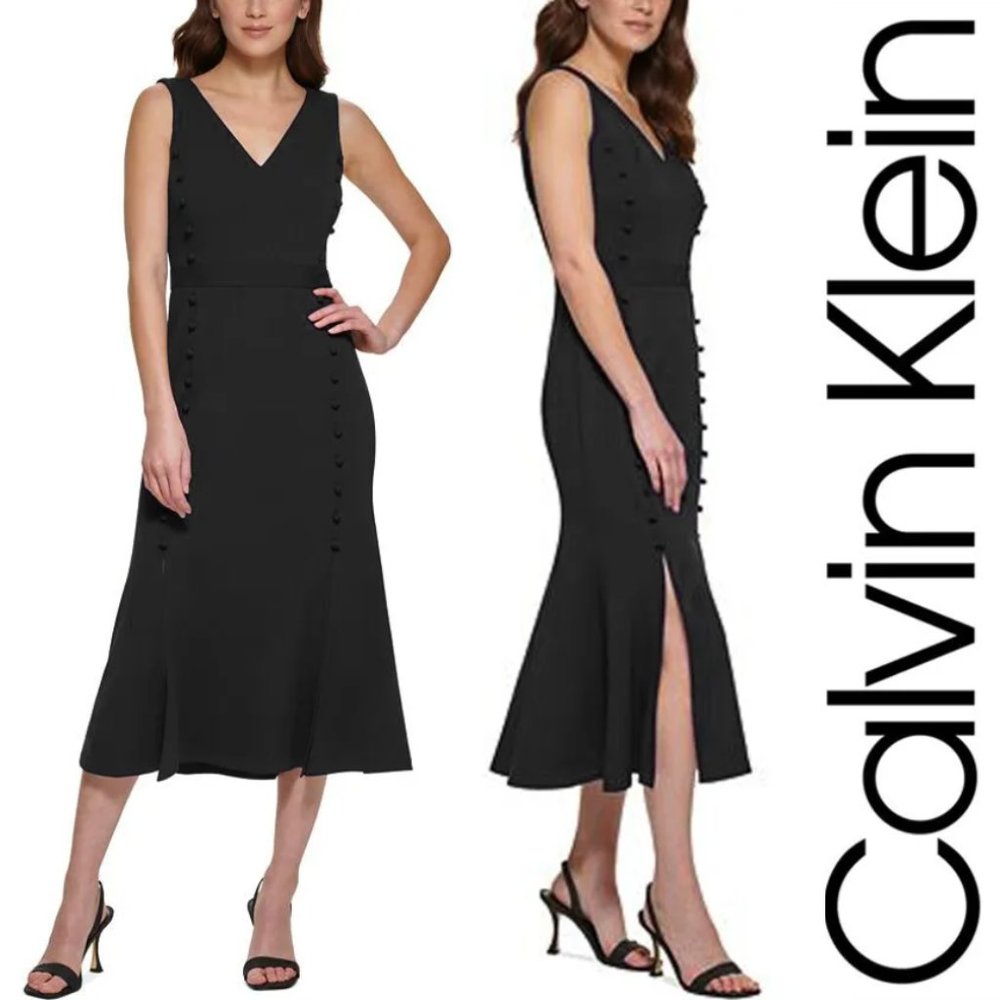 Calvin Klein Button Trim MidI Black Dress